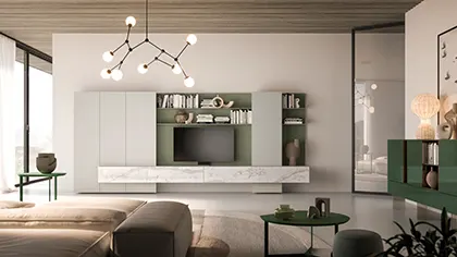 Soggiorno moderno con accenti verdi, caratterizzato da arredi eleganti e un'atmosfera accogliente.