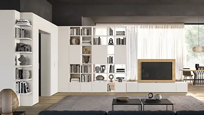 Soggiorno contemporaneo con una ampia libreria di colore bianco a dividere l'ambiente.